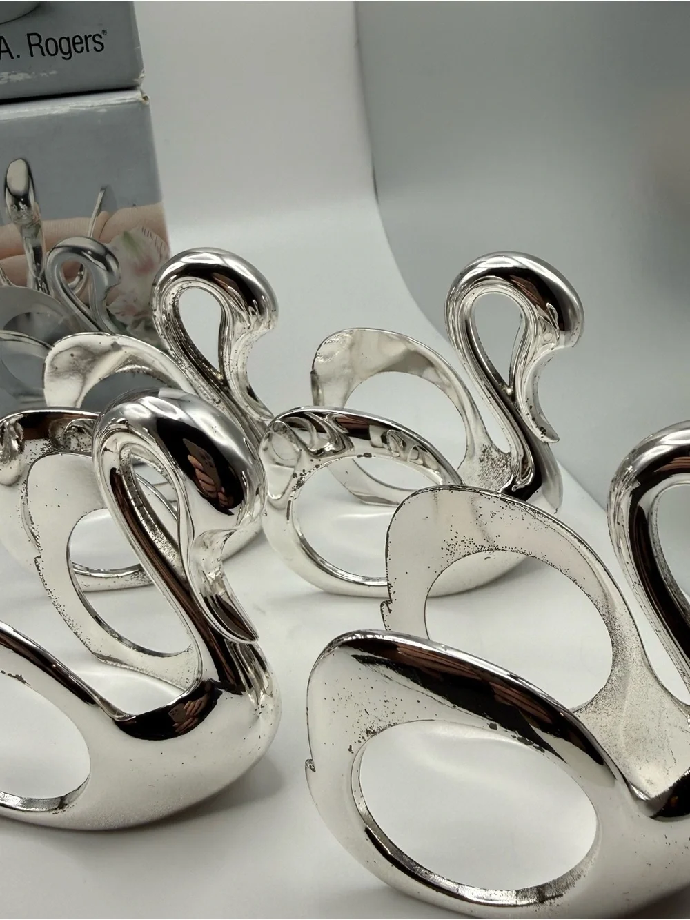 Vintage Wm A Rogers Silverplate Swan Napkin Rings Set of 8 Japan w Boxes